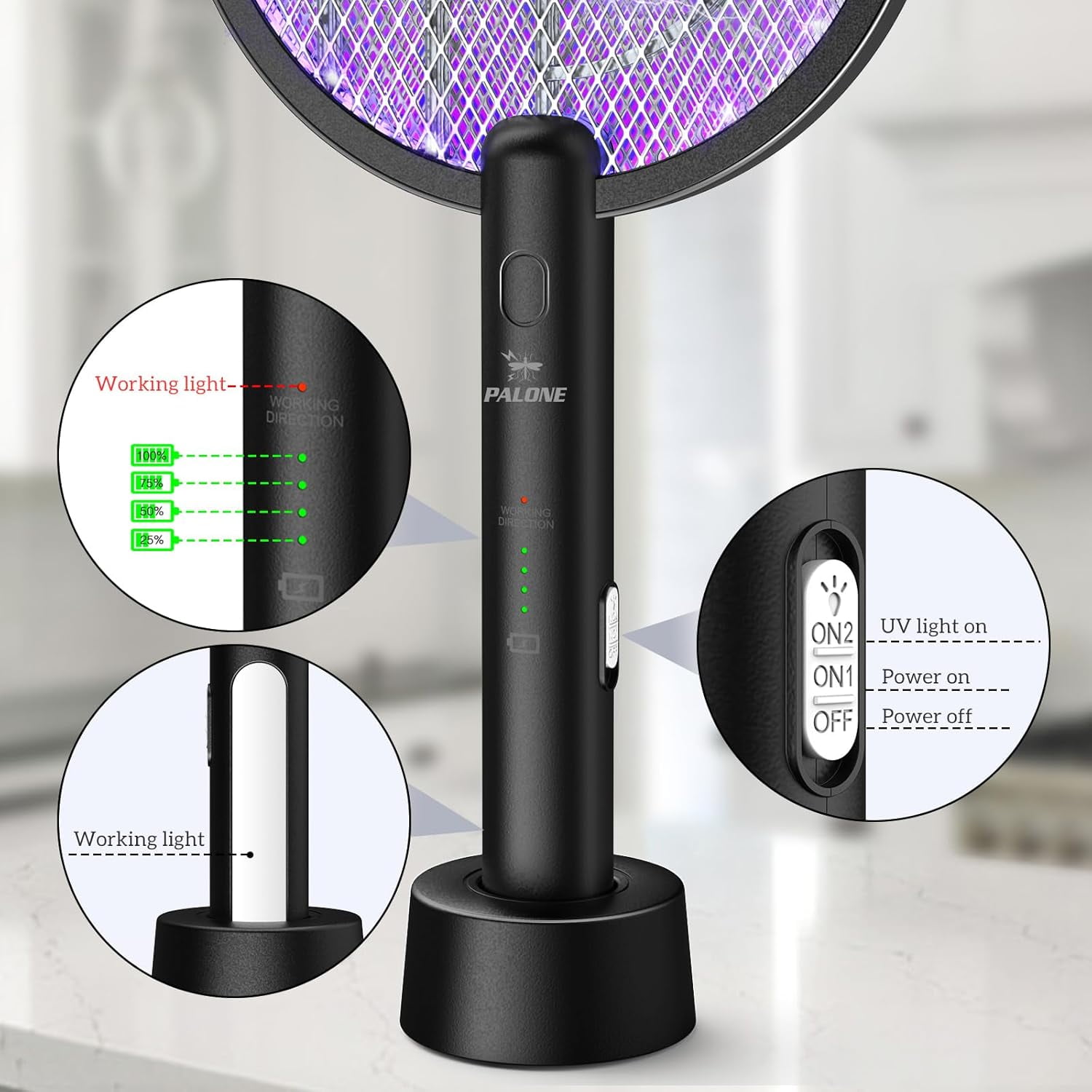 PALONE Electric Fly Swatter 3000V Bug Zapper Racket 2 in 1 Fly Swatter with 1200mAh Battery Rechargeable Mosquito Killer Lamp with 3 Layers Safety Mesh for Indoor and Outdoor