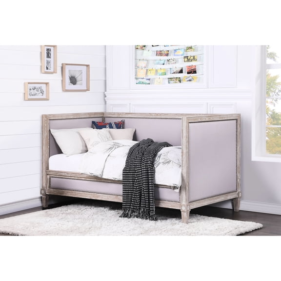 Twin Daybed With Padded Beige Linen And Wooden Frame Weathered Oak Trim Linens