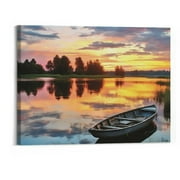 Shiartex Lake Landscape Canvas Wall Art:Sunset Skyline Painting Simple Natural Boat Reed Print Wilderness Clear Calming Water Scenery Picture Green Forest View Gallery Artwork for Bedroom 20x16 Inch