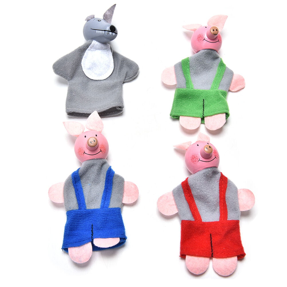 4 Pcs/set Three Little Pigs Finger Puppets Wooden Headed Baby Educational Toy JK 