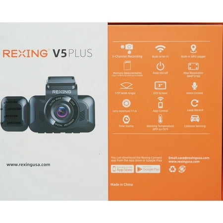 Rexing - V5 Plus 3-Channel 4K Dash Cam 3" LCD Voice Control, Wi-Fi, GPS with Adhesive Mount - Black