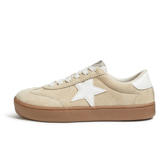 LUCKY STEP Womens Fashion Star Sneakers Wide Toe Lace Up Casual Shoes,Beige