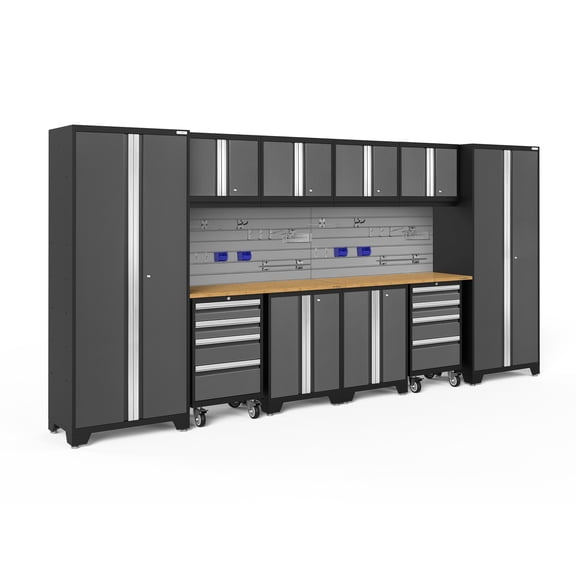 NewAge Products Bold Series Gray 12 Piece Cabinet Set, Heavy Duty 24-Gauge Steel Garage Storage System, Slatwall and Hook Kit Included