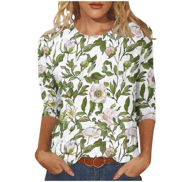 Wanfds Green Ladies Tops Spring Fashion Round Neck Three-Quarter Sleeve Top M
