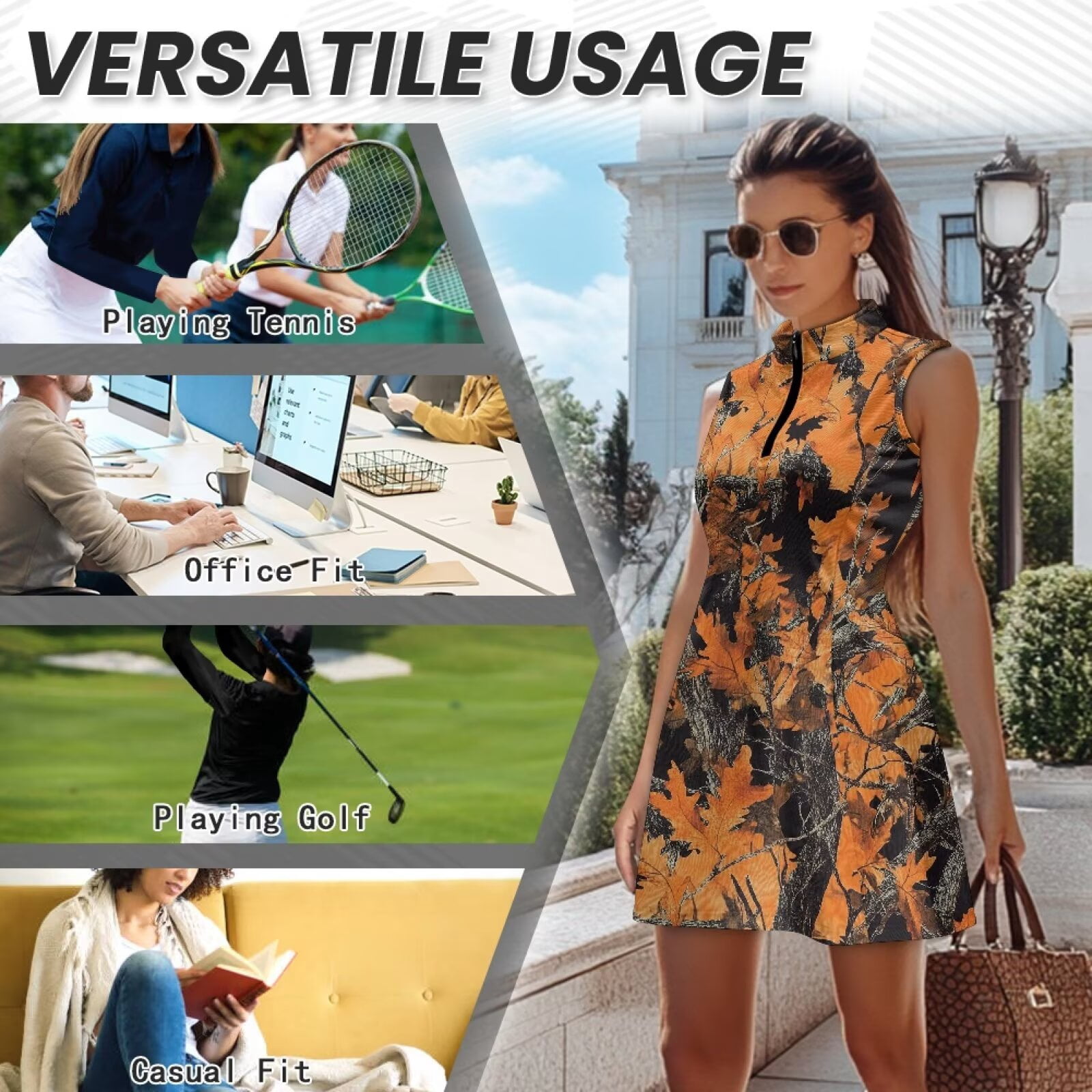 Yuyamidu Orange Camo Hunting Tennis Golf Dress Elegant Workout Dresses with Pockets Shorts Sleeveless Athletic Dress for Women Slim Fit Workout Athletic Dresses Size M