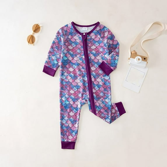 RTKFRFLM Baby Printed Footless Romper Cartoon Zippered Long Sleeve Jumpsuit Light Purple 9M