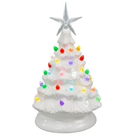 HOLIDAY PEAK Battery-Operated Vintage-Style Ceramic Christmas Tree, Nostalgic Holiday Décor, White, 9