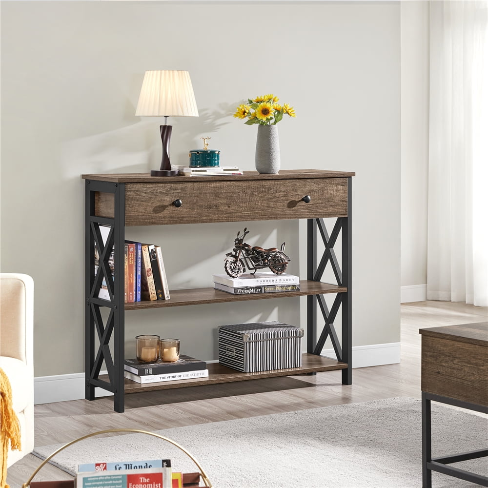 Topeakmart X Design Console Table w/ 1 Drawer & 2 Shelves, Taupe Wood