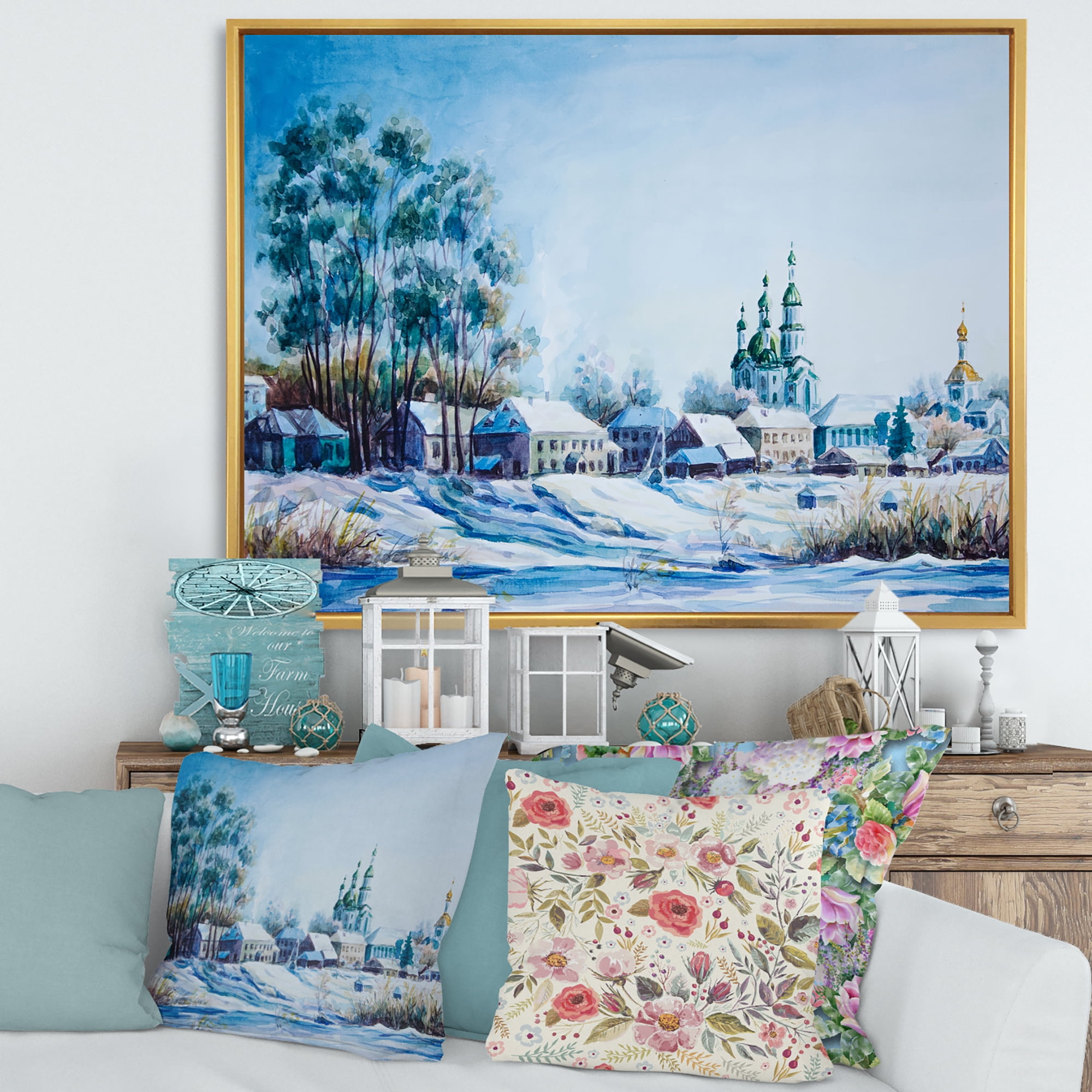 Designart 'Small Town Covered In Snow In Winter Times' Traditional Framed Canvas Wall Art Print