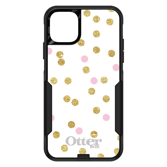 DistinctInk OtterBox Commuter Custom Case for Apple iPhone 15 (6.1" Screen) - White / Pink / Gold Dots Pattern - Tempered Glass Back