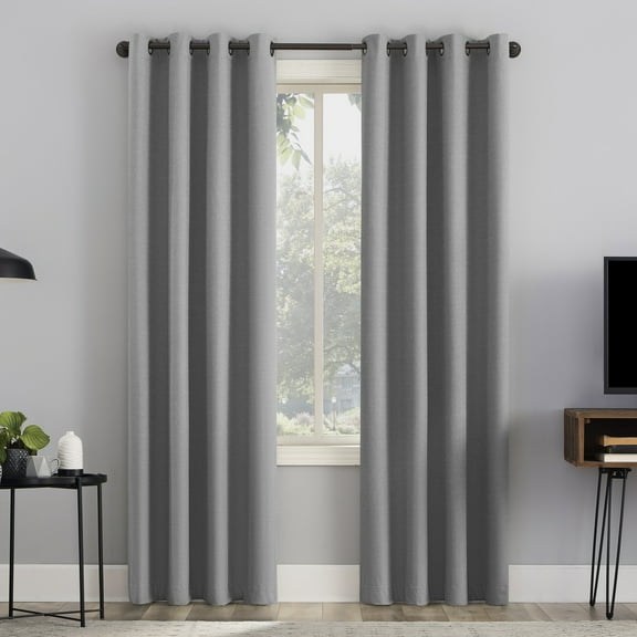 Sun Zero Channing Grid Texture Draft Shield Fleece Insulated 100% Blackout Grommet Curtain Panel, 50X96, Sterling