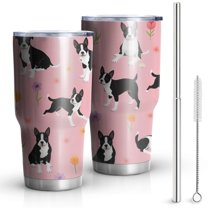 30oz Boston Terrier Dogs and Flowers Tumblers Stainless Steel Tumbler with Lid and Straw,Vacuum Insulated Double Wall Travel Tumbler Cups Mug with Cleaning Brush for Coffee,Tea