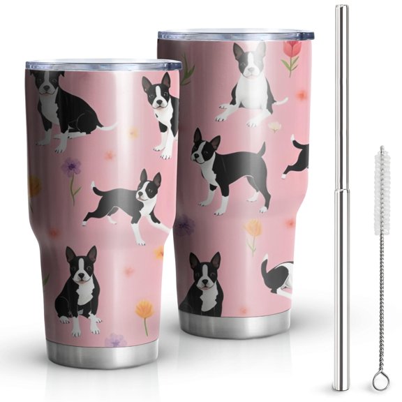 30oz Boston Terrier Dogs and Flowers Tumblers Stainless Steel Tumbler with Lid and Straw,Vacuum Insulated Double Wall Travel Tumbler Cups Mug with Cleaning Brush for Coffee,Tea