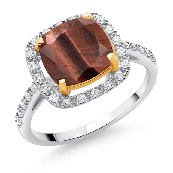 Gem Stone King 925 Sterling Silver and 10K Yellow Gold Red Tiger Eye and White Lab Grown Diamond Engagement Ring for Women (2.21 Cttw, Cushion Cut 8MM, Available in Size 5, 6, 7, 8, 9)