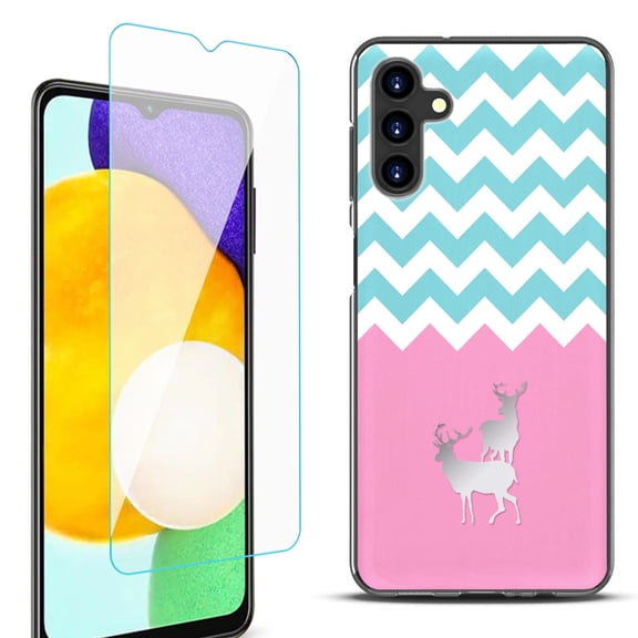 Slim-Fit Protective Fashion Phone Case (Black) for Samsung Galaxy A13 5G, with Tempered Glass Screen Protector, by OneToughShield ® - Chevron/Teal/Deer