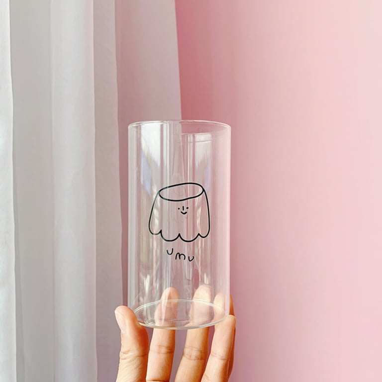 Lovely Glass Cup, Heat-Resistant Glass Cup Korean Milk Juice Cup with Straw  Simple Fashion Stable Cartoon Transparent Drink Mug,,F117436