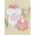 thumbnail image 2 of Bslissey Baby Girls Easter Shorts Sets Short Sleeve Letter Bunny Print T-shirt Romper + Shorts + Bow Headband 3Pcs Infant Toddler Cute Summer Outfits 0-18 Months, 2 of 9
