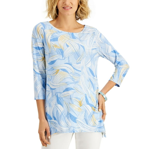 JM Collection Swirl Print Jacquard Asymmetrical Hem Top Pacific Coast Combo S