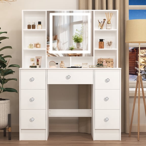 Teousev LED Lighted Vanity Table with Mirror & 7 Drawers, Large Makeup Desk for Bedroom, White