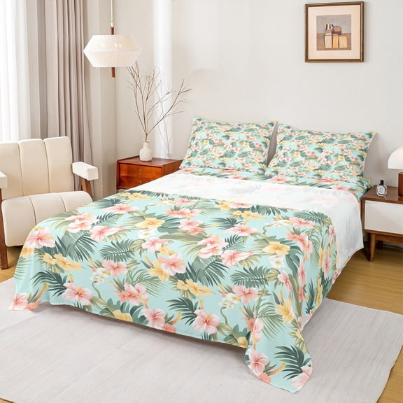 Feelyou Spring Flower Floral Full Size Sheets, Palm Leaf Botanical Bed Sheets, Teens Kids Girls Women Sheet Sets, Ultra Soft Bedroom Decor, 4 Pieces