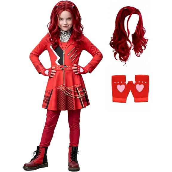 Halloween Princess Costume - Red Princess Dress Outfits Clothes with Gloves & Wigs, Halloween Jumpsuit Cosplay Party Merch Size:100