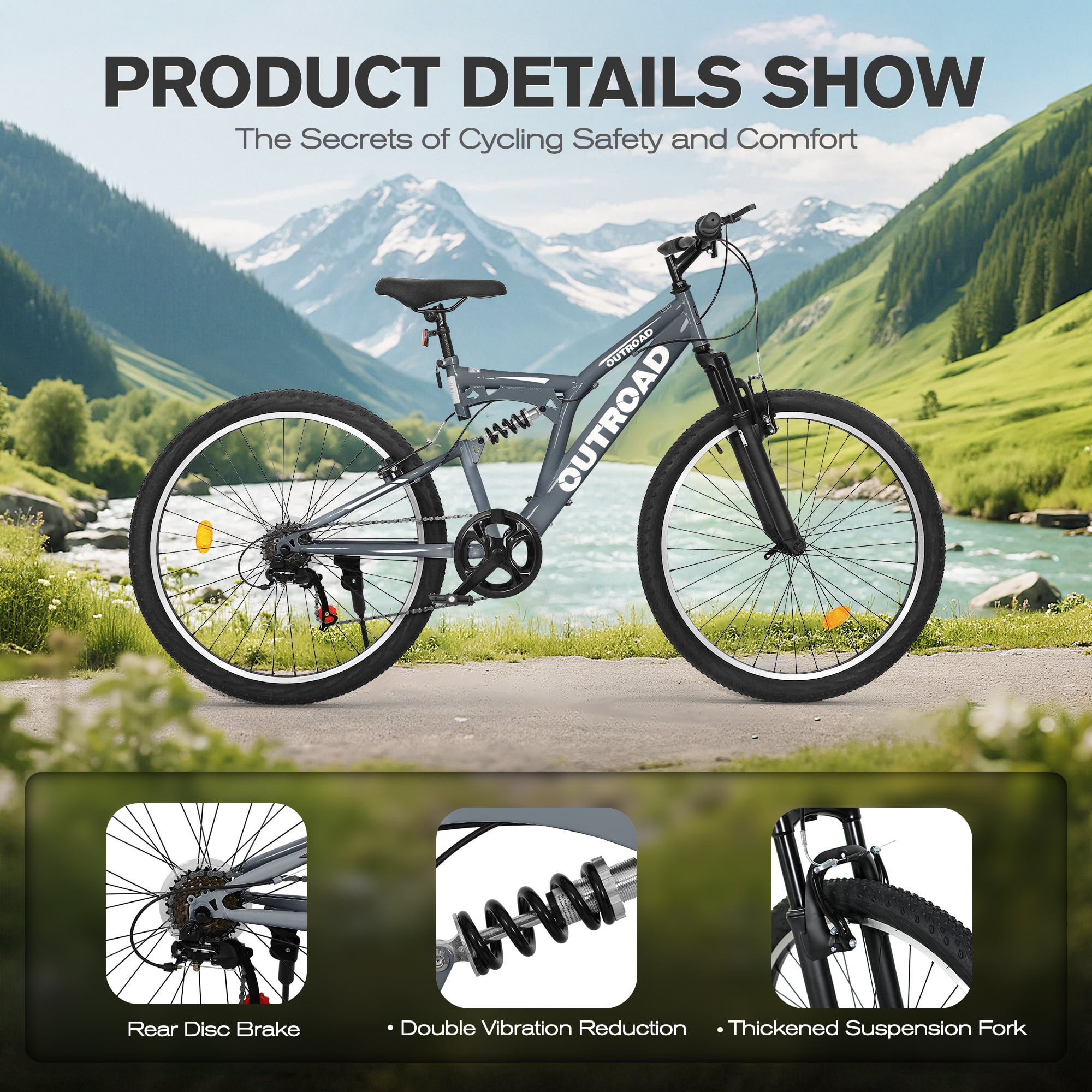 Marknig 26 inch Mountain Bike, 7 Speed Adult Bicycle with High-Carbon Steel Frame, Dual Disc & V-Brakes, Adjustable Seat for Men and Women,MTB with Shock Absorption System, Gray