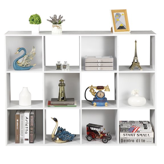 AIZYT 12-Compartment Open Shelf Bookcase 47 inch Wide Cube Storage Organizer Wood Cubical Bookshelves Closet Cabinet Display Unit with 6 Removable Back Panels for Living Room Bedroom, White