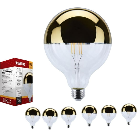 Satco S12546 G40 LED Gold Crown Globe Light Bulbs 8W 120V 2700K E26 Medium Base Dimmable (6 Pack)