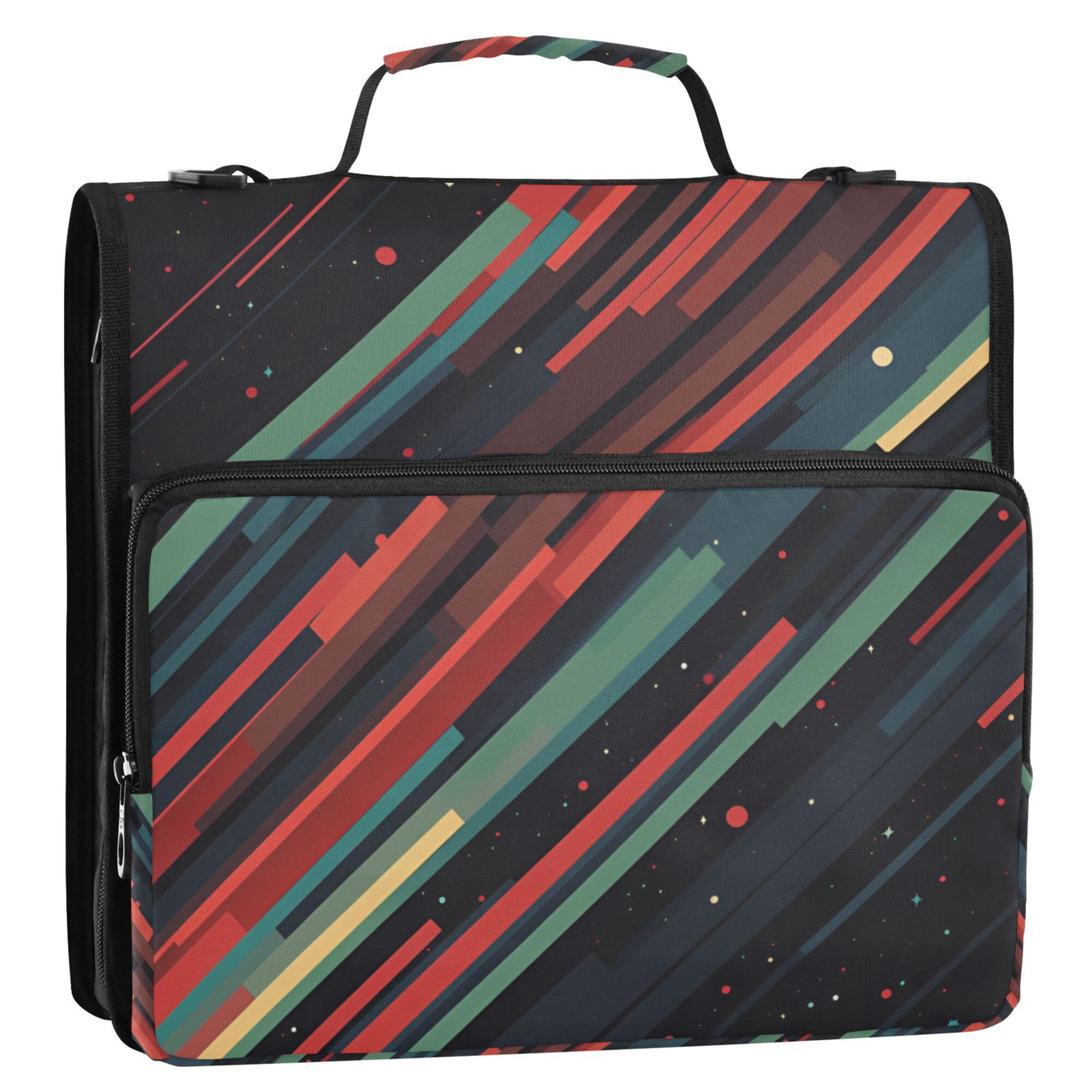 FORMRS Zipper Binder with Shoulder Strap 2-inch Ring 500 Sheet Capacity File Bag, Red Abstract Lines
