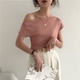 thumbnail image 2 of Camisa de punto para mujer, manga corta, hombros descubiertos, delgada, color sólido, top, rosa Eigraketly AP001509-02B, 2 of 7
