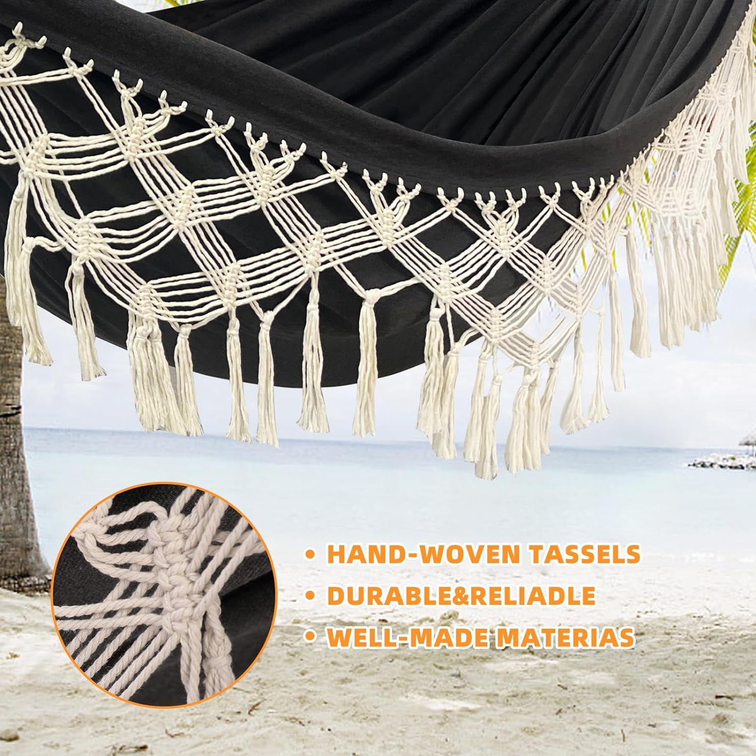 Wnngxing Macrame Fringe Double 2-Person Hanging Swing Hammock, Black
