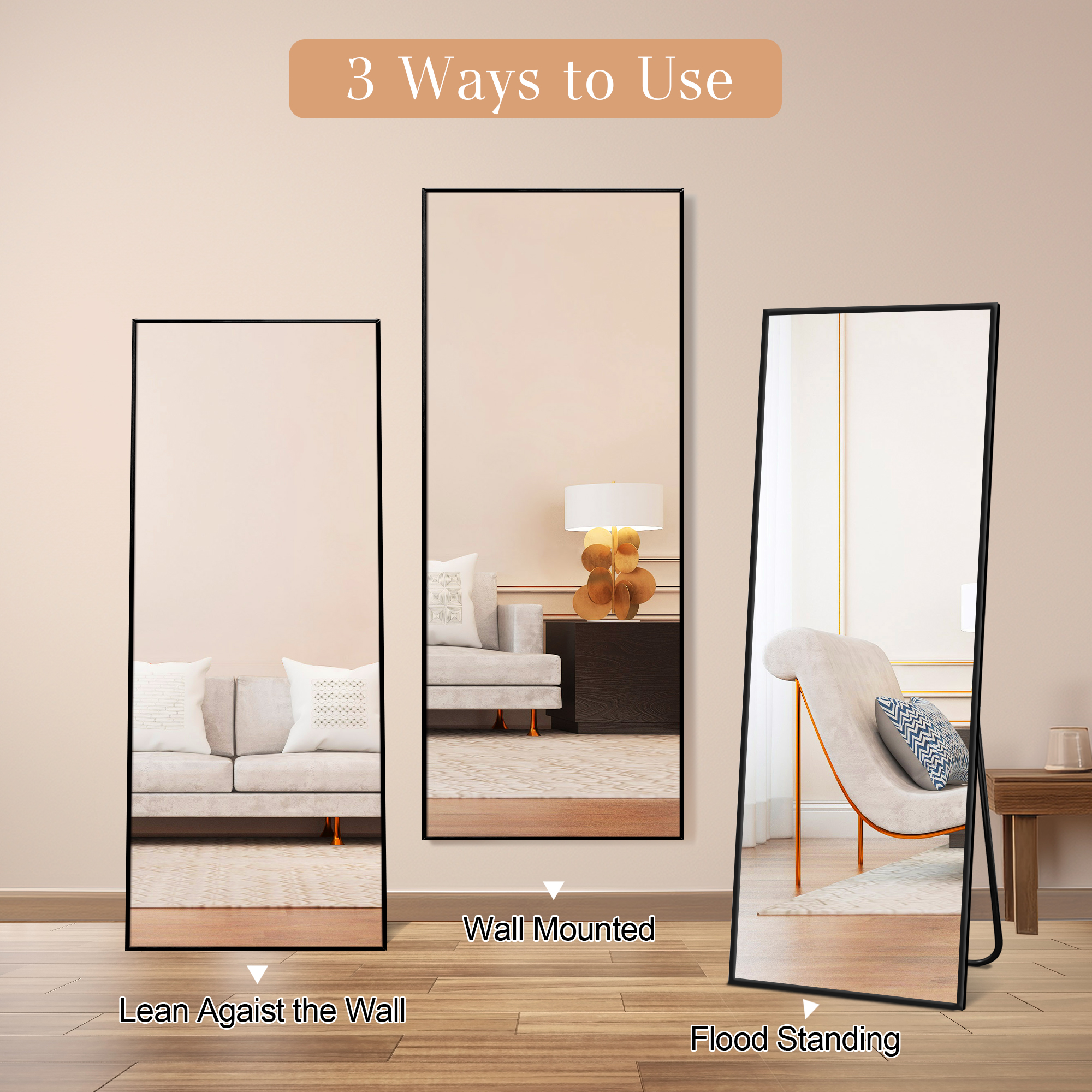 MAYEERTY Freestanding Full Length Mirror with Stand, Aluminum Alloy Framed Floor Mirror Wall Mounted for Bedroom Dressing Room, 57x20in, Black