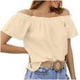 thumbnail image 2 of tarylea Off Shoulder Tops for Women Short Sleeve Ruffled Blouse Casual Loose Summer Solid Color Tops, 2 of 6
