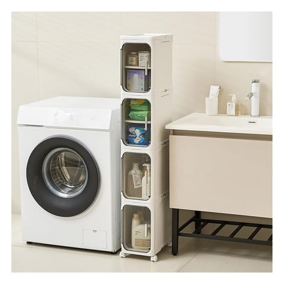 4-Tier Narrow Storage Cabinet with Magnetic Doors and Shelves, Plastic Slim Bathroom Organizers and Storage with Wheels for Small Spaces Bathroom, Kitchen, Laundry Room, White