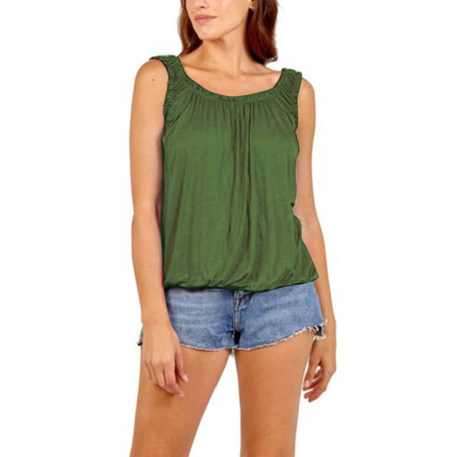 LUXUR Débardeur Femme Col Rond T-Shirts Unis Mode Blouse Sans Manches Pull-Over Vert Armée L