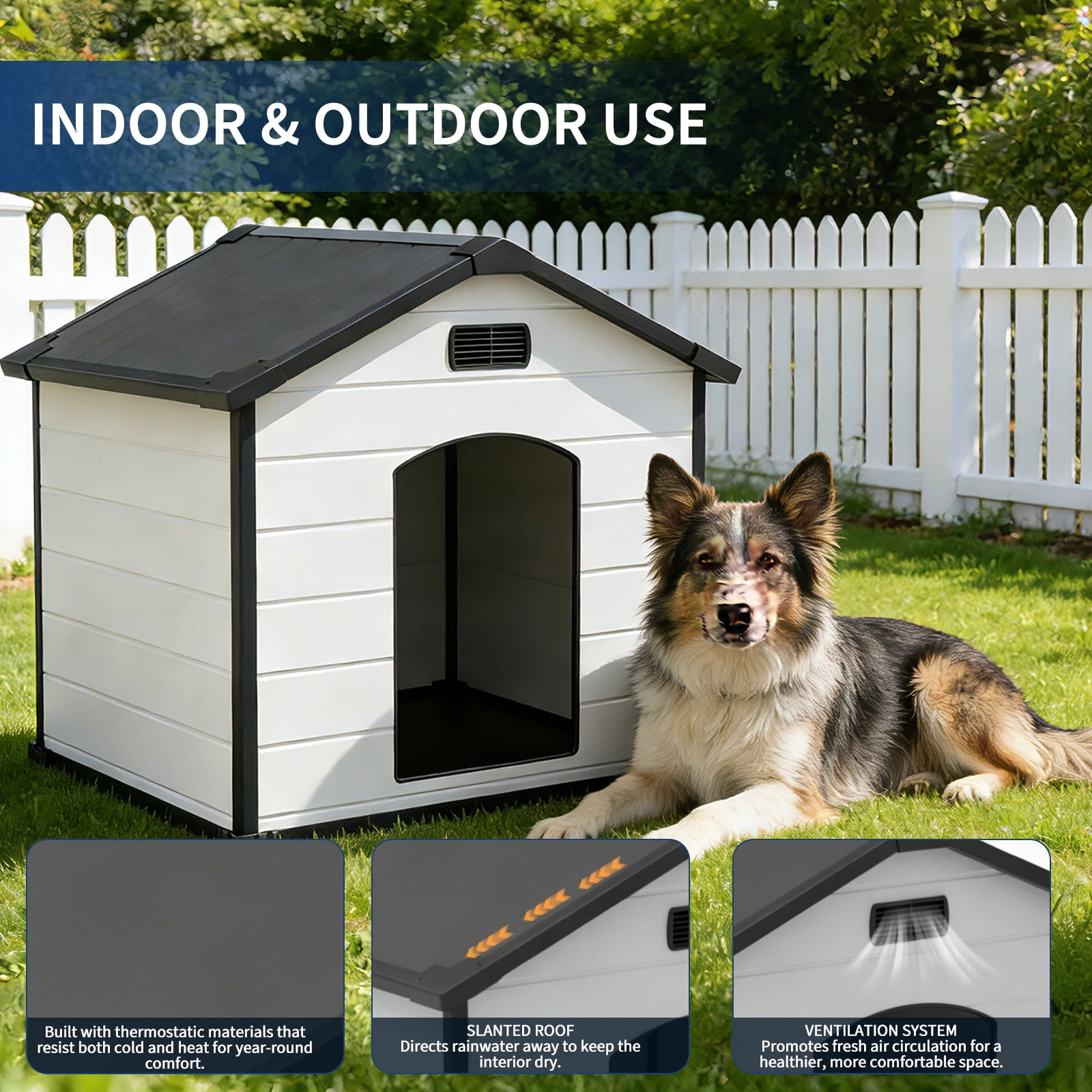 GIMMYFIVE Dog House for Indoor and Outdoor, Weatherproof, Raised Floor, Vents, 46 x 40 x 40 in