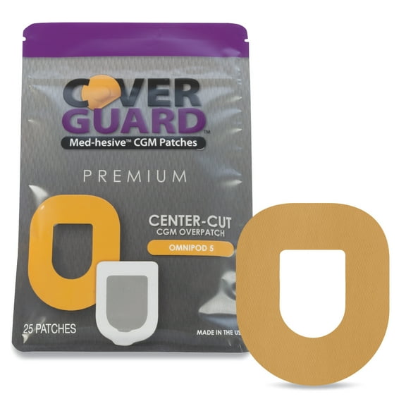 CoverGuard CGM Overpatch | Omnipod 5 Insulin Pod | Tan Center-cut Design| 25-Count | Waterproof Adhesive | Anti-Fray | Easy Application & Removal
