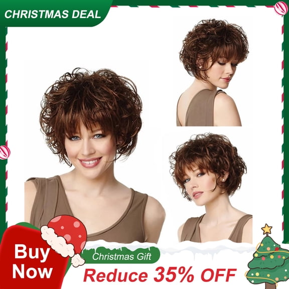 Women Party Synthetic Hair Wig Short Curly Brown Wavy Full Wigs Party Hair Wigs(2Pack)