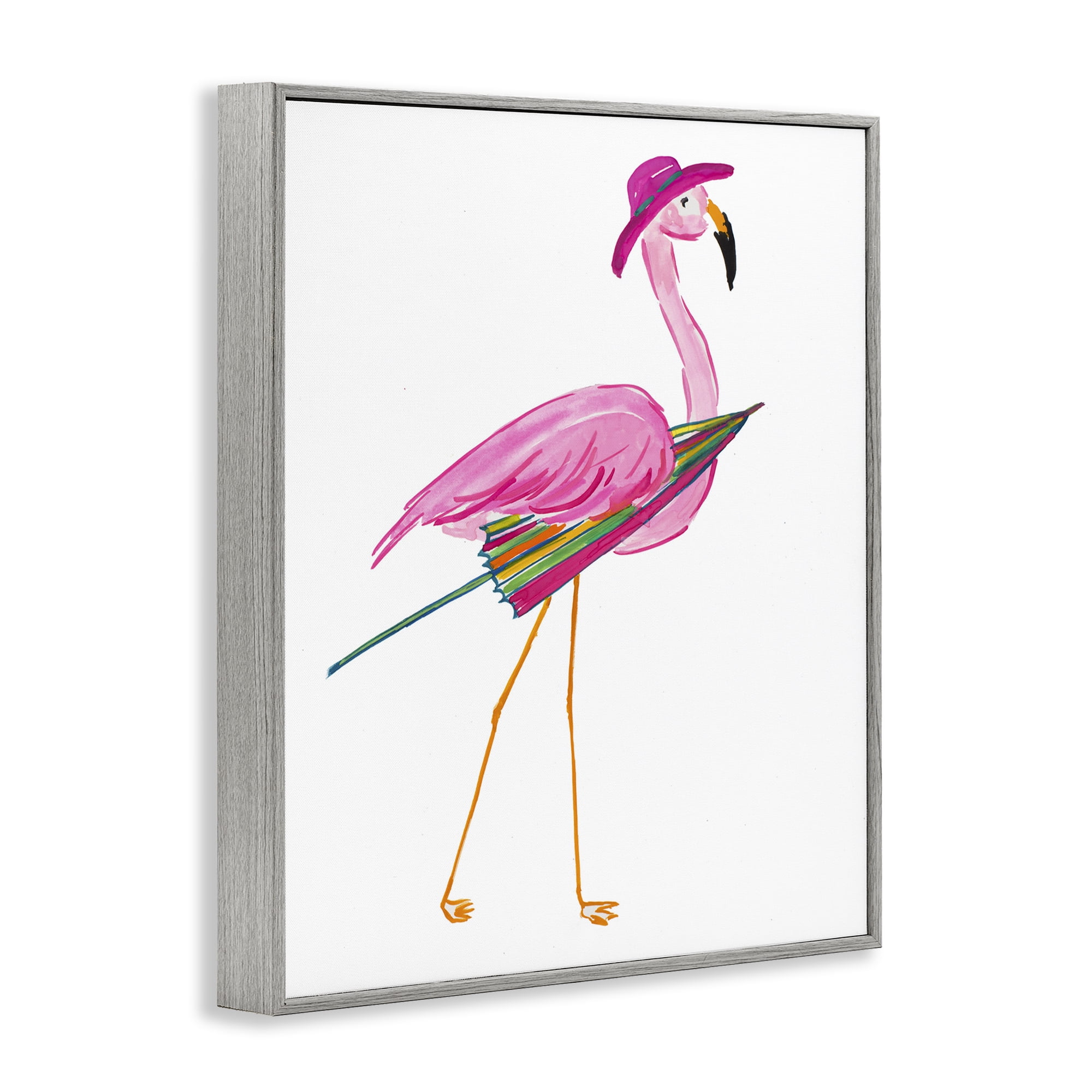 Stupell Industries Flamingo with Beach Umbrella Animals & Insects Painting Gray Framed Art Print Wall Art, 11 x 14