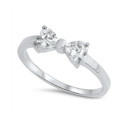 Heart Design Ring - Bow Tie Design With Heart Shaped Cubic Zirconia Ring Sterling Silver 925