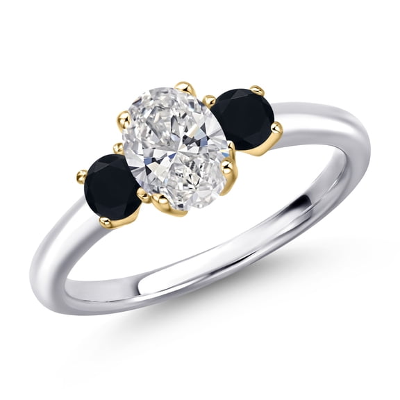 Gem Stone King 10K Two Tone Gold DEF Lab Grown Diamond and Black Onyx Engagement Ring for Women | 0.96 Cttw | Oval 7X5MM | Gemstone April Birthstone | Size 7