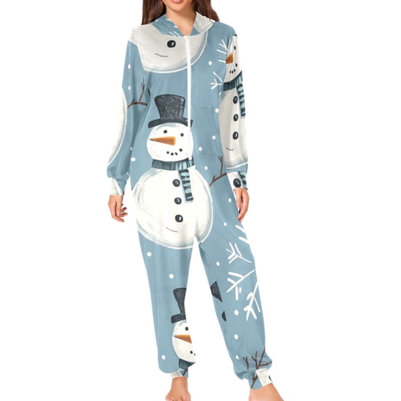 Snow Snowman Cartoon Adult's Hoodie Onesie Jumpsuit One-Piece Pajamas with Zipper Unisex for Holiday S
