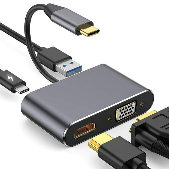USB Type C à HDMI VGA Adaptateur 4K, 4-en-1 USB-C à HDMI 4K 30Hz, VGA 1080p60hz, USB 3.0 Port5gb/S, 87W USB C PD Charge, USB C à VGA Adaptateur Thunderbolt 3 pour Mac Plus