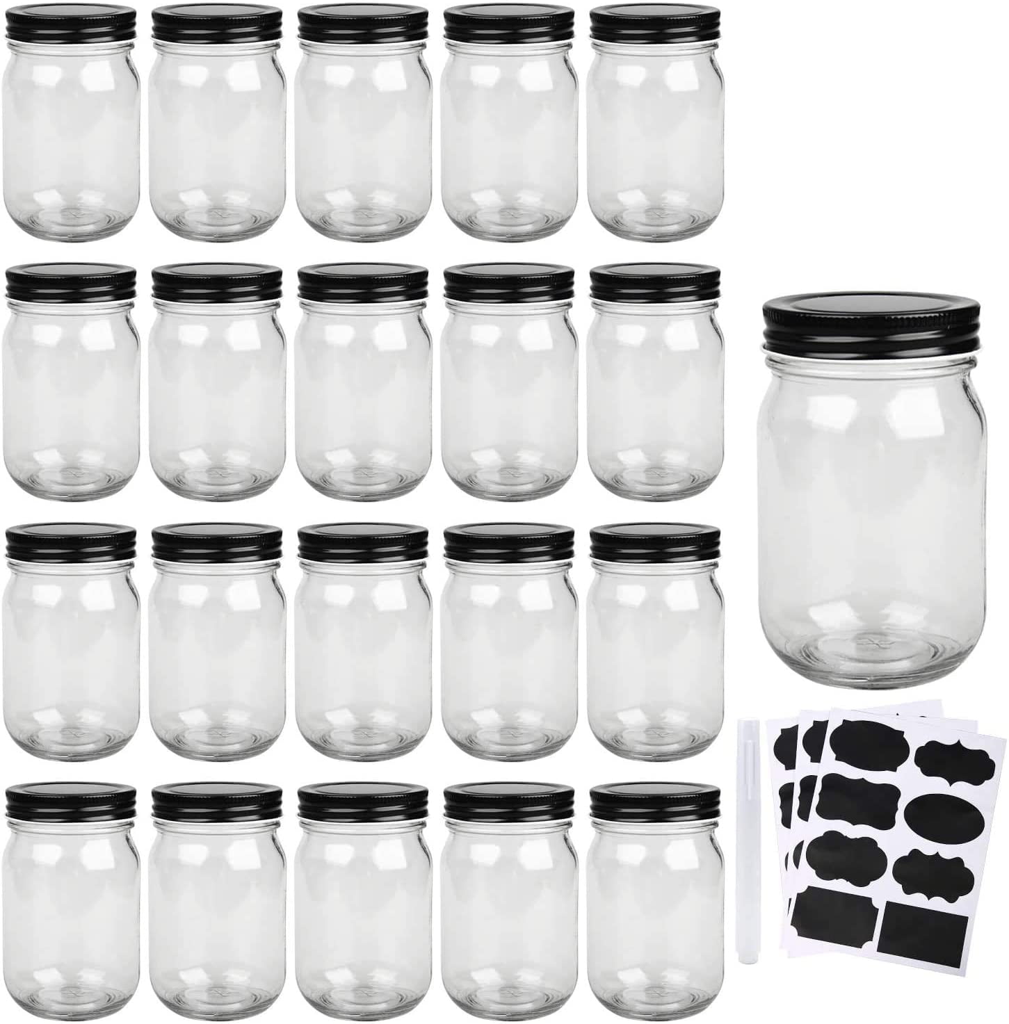 Overnight Oats Mason Jars For Pickles And Kitchen Storage Glass Jars With Lids 12 oz Jelly Canning Jars Regular Mouth Spice Jars With Silver Lids For Drinking Salads Dry Food Yogurt- set 16 Pack With 20 Labels Spices 