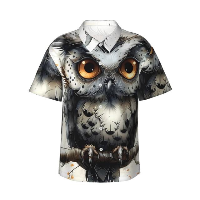 Balery Whimsical Owl On Branch Camisas hawaianas de manga corta para hombre, camisas playeras de corte holgado, camisas de vacaciones con botones,Small