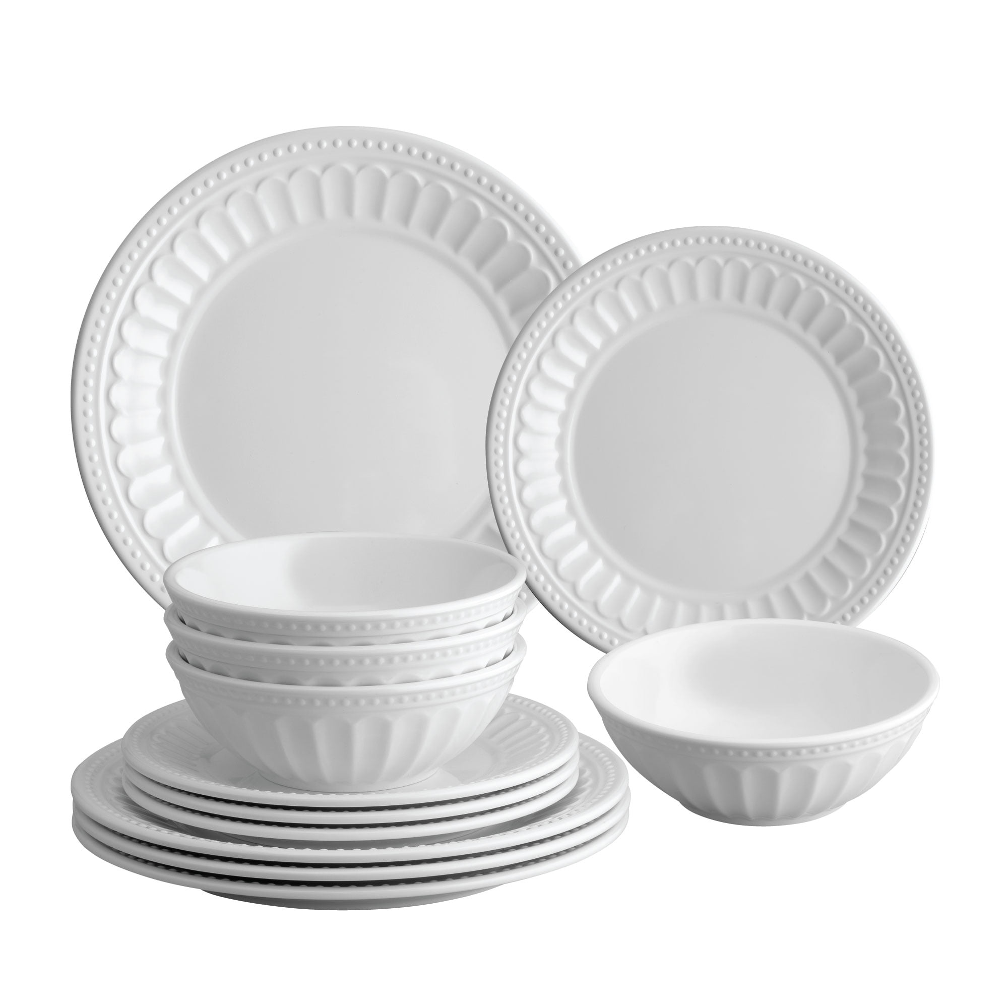 Gourmet Art 12-Piece Beaded Heavyweight and Durable Melamine Dinnerware Set Salad Plates and Bowls Includes Dinner Plates Service for 4 for Indoors Outdoors Use and Everyday Use. 