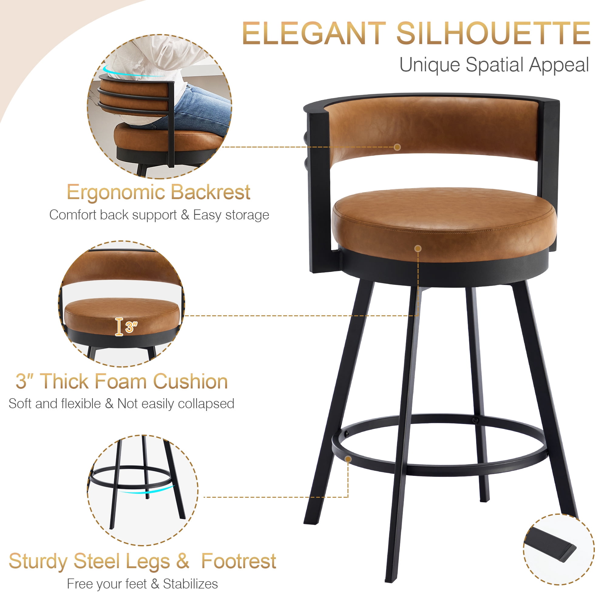 Zesthouse 26.6″ Swivel Bar Stools Set of 2, Faux Leather Upholstered Counter Height Chairs with Barrel Back & Matte Black Metal Legs, Modern Barstools for Kitchen Island, Brown