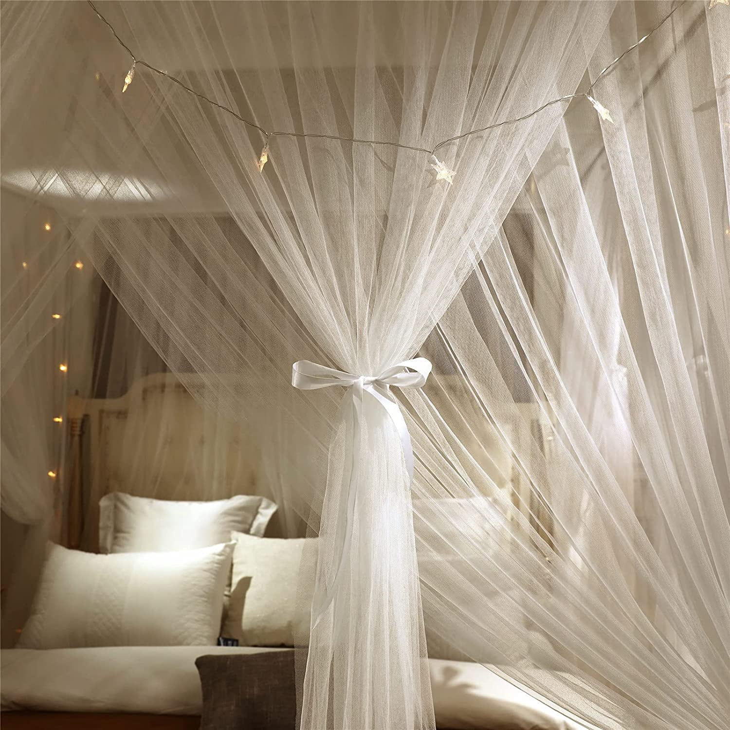 4 Corners Post Princess Bed Canopy Curtain Double Layer Cozy Drape Netting 4 Opening Mosquito Net for Girls & Adults Bedroom Decoration Accessories (Double White, 47" W*78" L*82"*H/Twin)