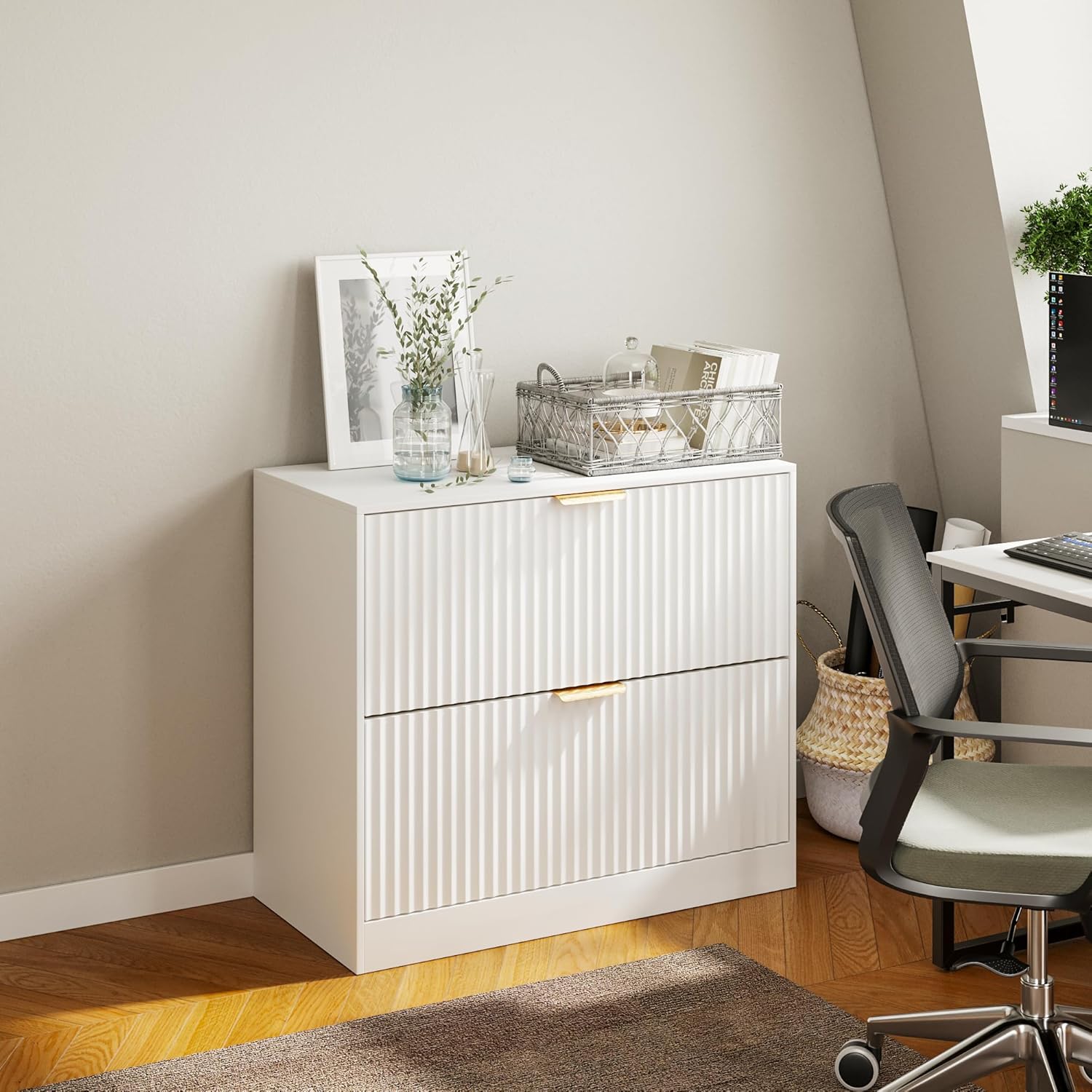 Pusnapku 2 Drawers File Cabinet, Modern 31" Printer Stand, Fluted Home Office Filing Cabinet with Adjustable Hanging Rails, for Legal/Letter/A4 Size