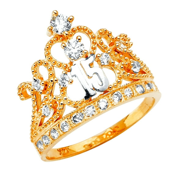 14k Yellow Gold Cubic Zirconia Quinceanera Sweet 15 Years Crown Ring Size 7 Ring for Women